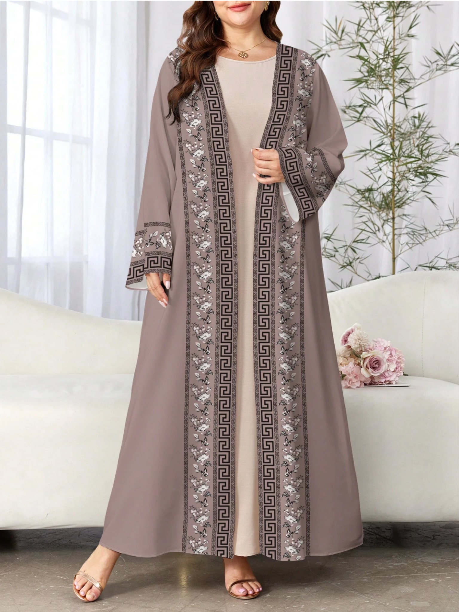 Geometric Print Open Abaya Cardigan (Plus Size)
