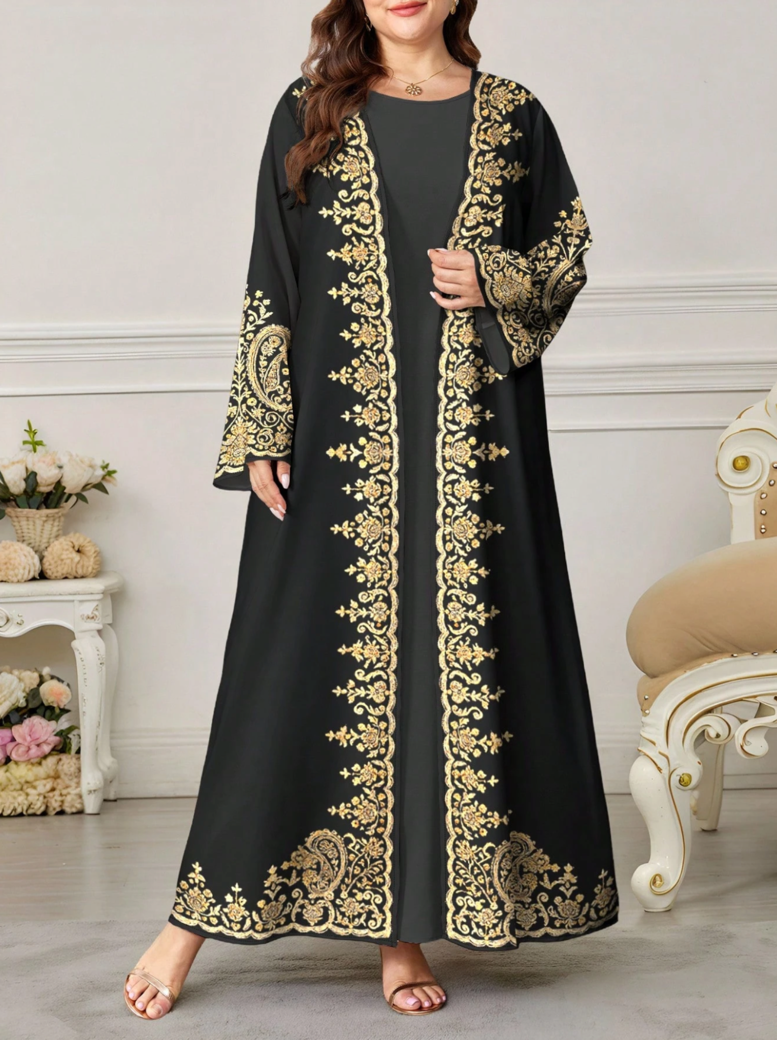 Gold Embroidered Open Abaya Dress – Black