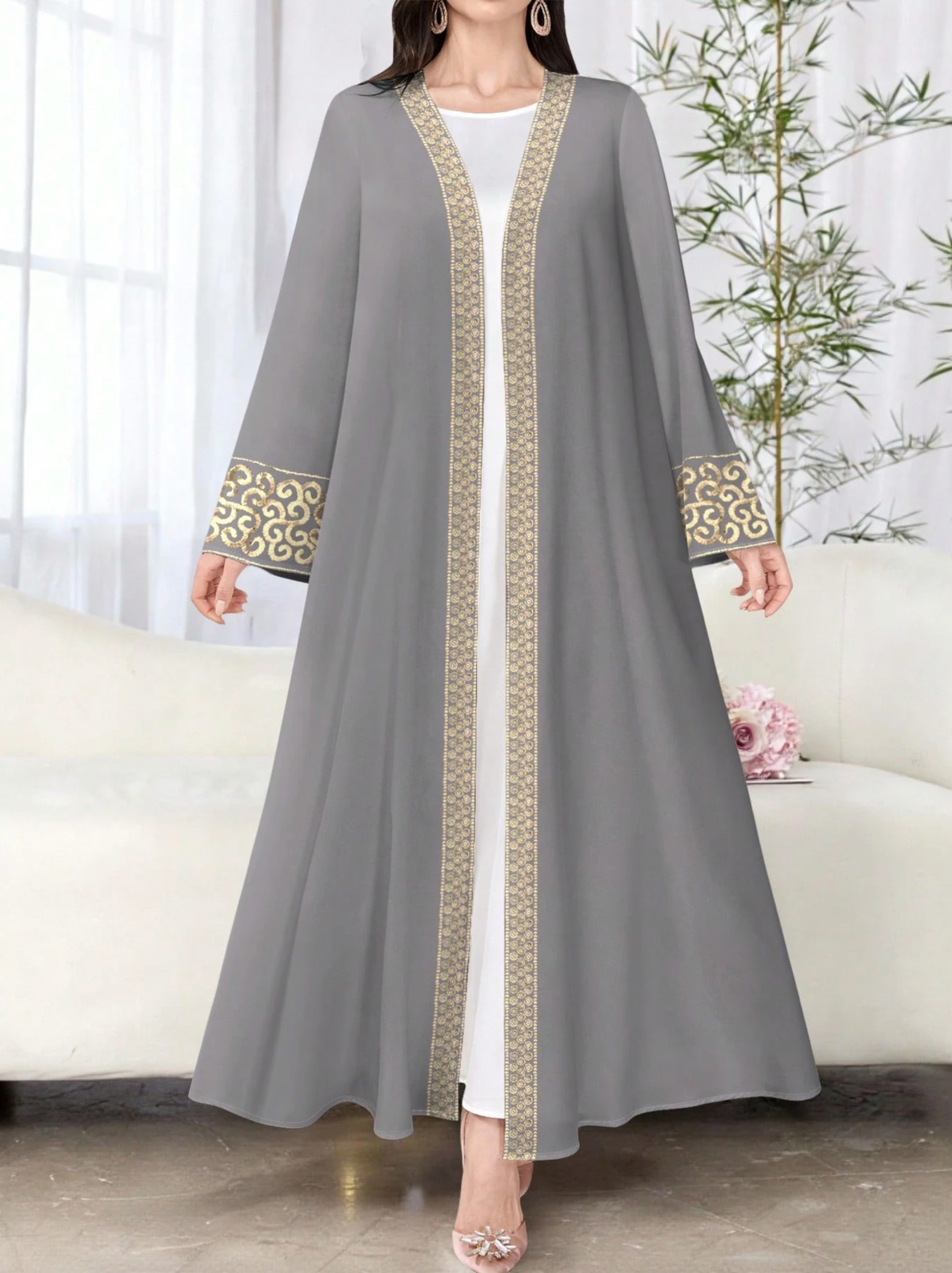 Grey Open Abaya Cardigan with Gold Trim