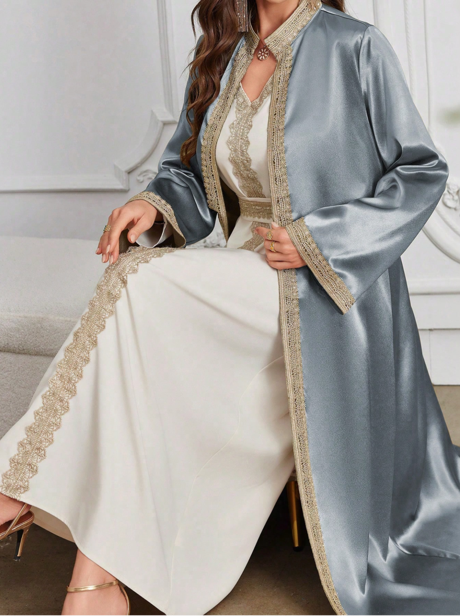 Emerald Satin Belted Open Abaya Set