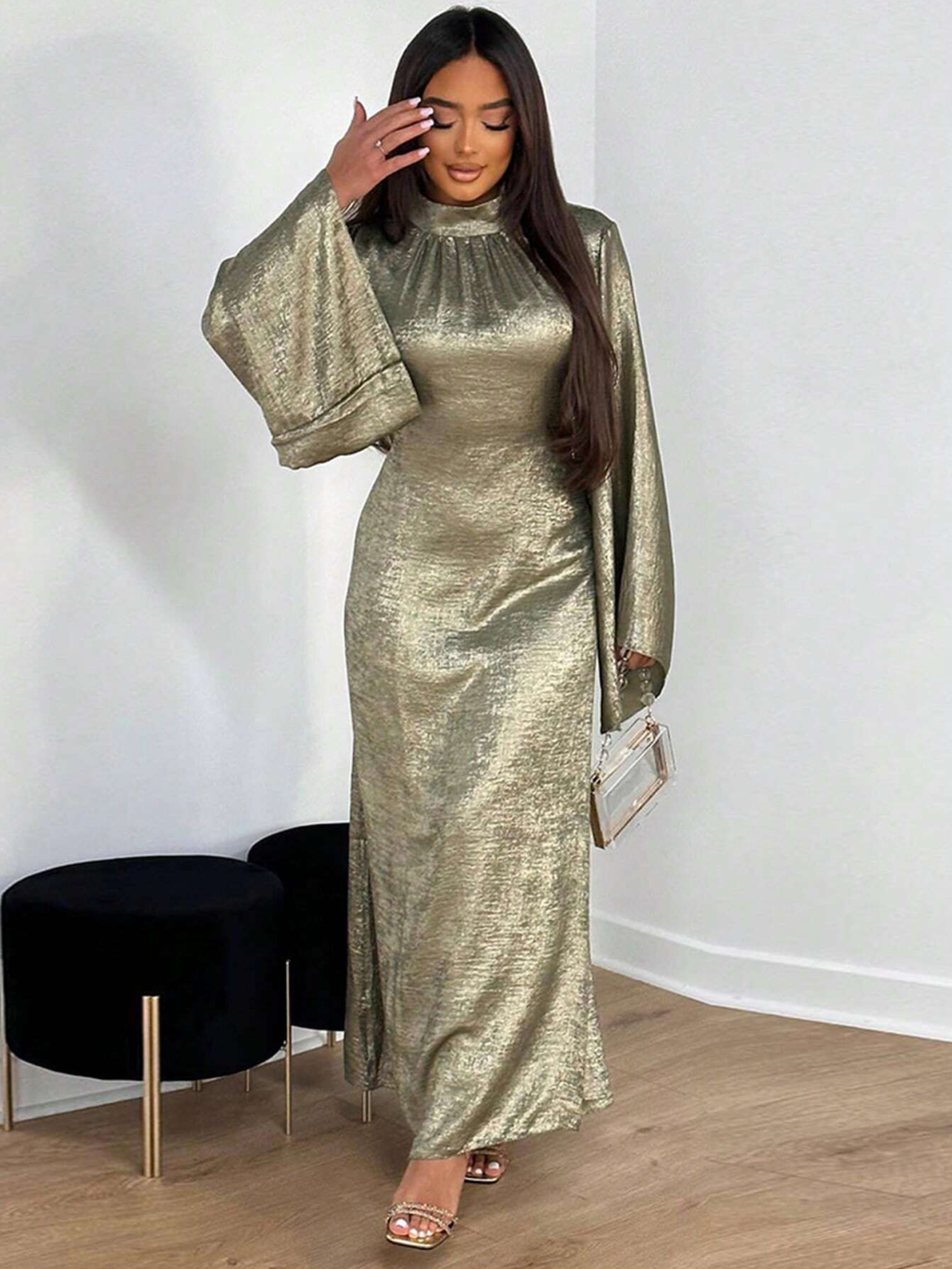Gold Metallic Maxi Abaya Dress (Statement Sleeves)
